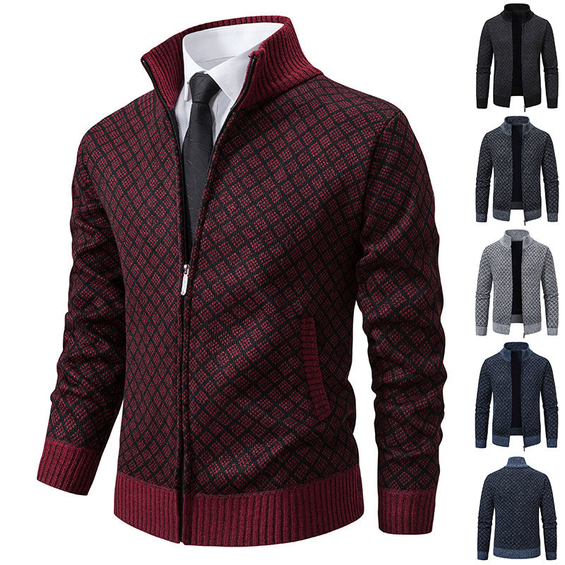 Men’s Thickened Plaid Knit Jacket – Slim Fit Winter Zipper Cardigan