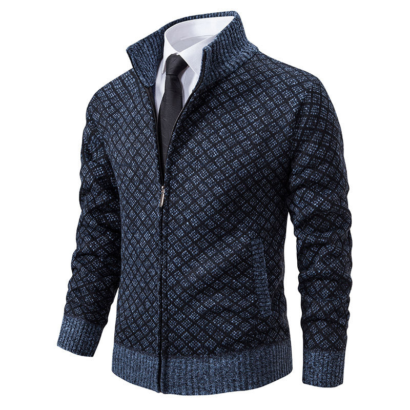 Men’s Thickened Plaid Knit Jacket – Slim Fit Winter Zipper Cardigan