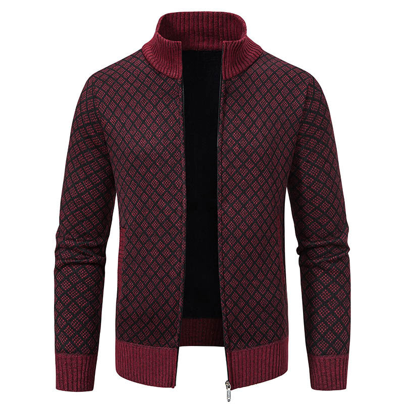 Men’s Thickened Plaid Knit Jacket – Slim Fit Winter Zipper Cardigan