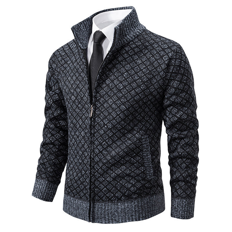 Men’s Thickened Plaid Knit Jacket – Slim Fit Winter Zipper Cardigan