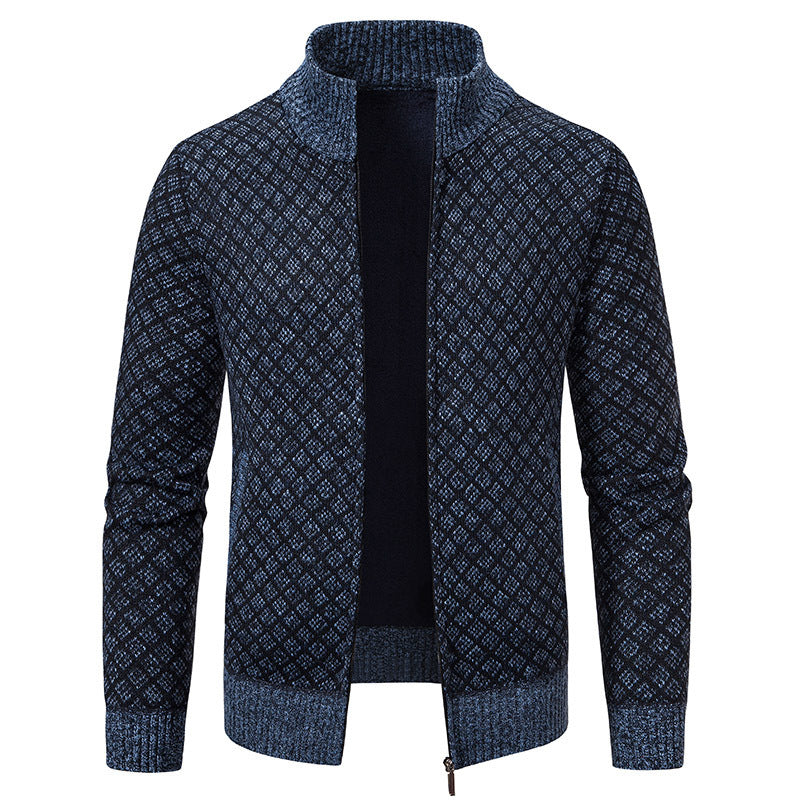 Men’s Thickened Plaid Knit Jacket – Slim Fit Winter Zipper Cardigan