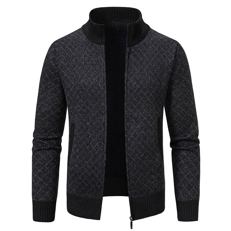 Men’s Thickened Plaid Knit Jacket – Slim Fit Winter Zipper Cardigan
