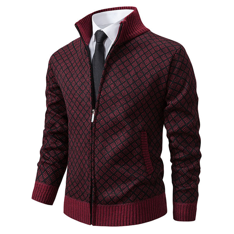 Men’s Thickened Plaid Knit Jacket – Slim Fit Winter Zipper Cardigan